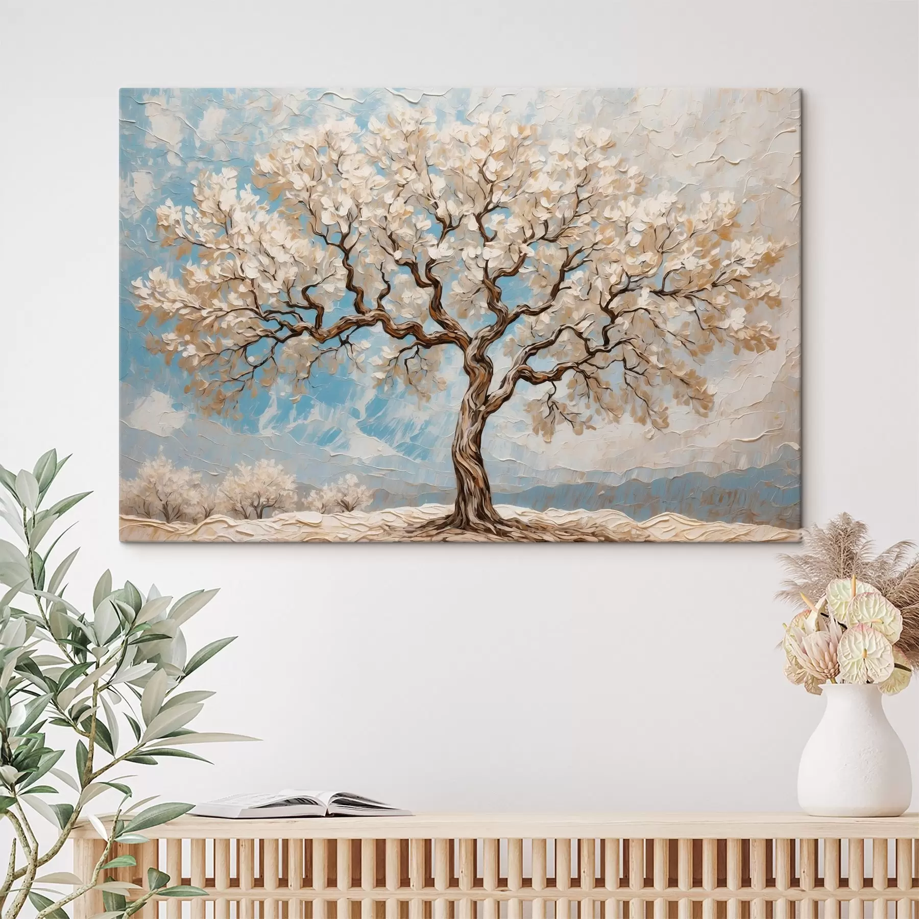 murales de pared Árbol blanco sobre fondo blanco y azul s42275