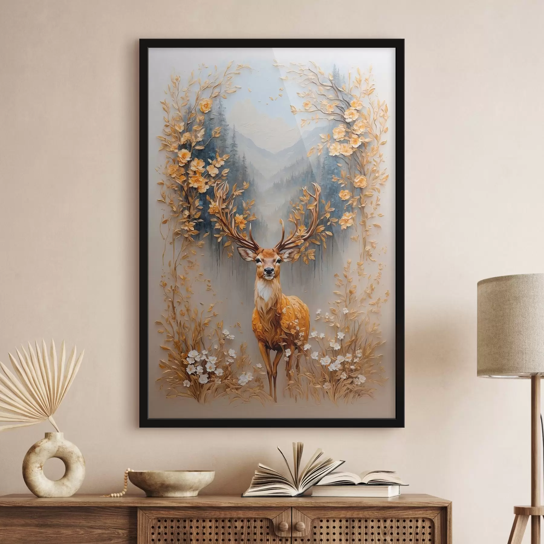 murales de pared Ciervo con gran cornamenta sobre fondo de bosque f42252