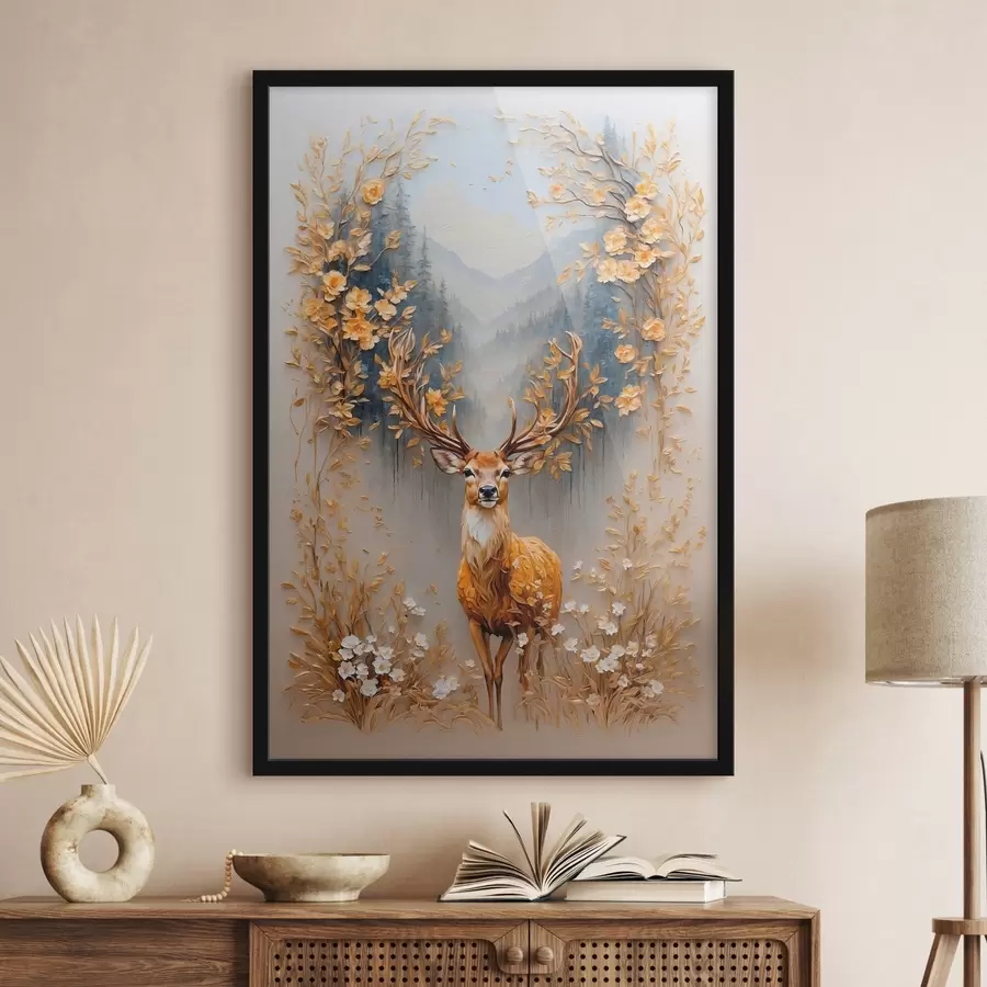 murales de pared Ciervo con gran cornamenta sobre fondo de bosque f42252