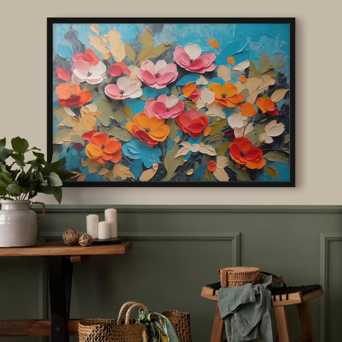 Poster Flores y hojas sobre fondo azul. f42255