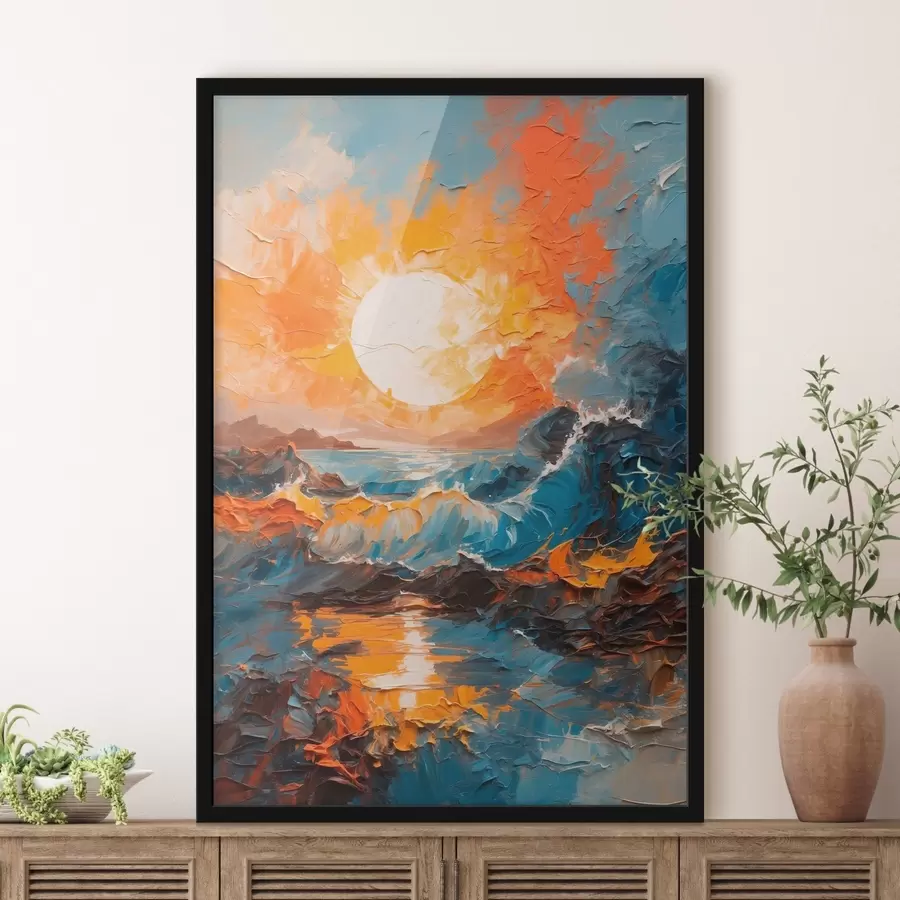 murales de pared Mar tormentoso y sol al óleo f42257