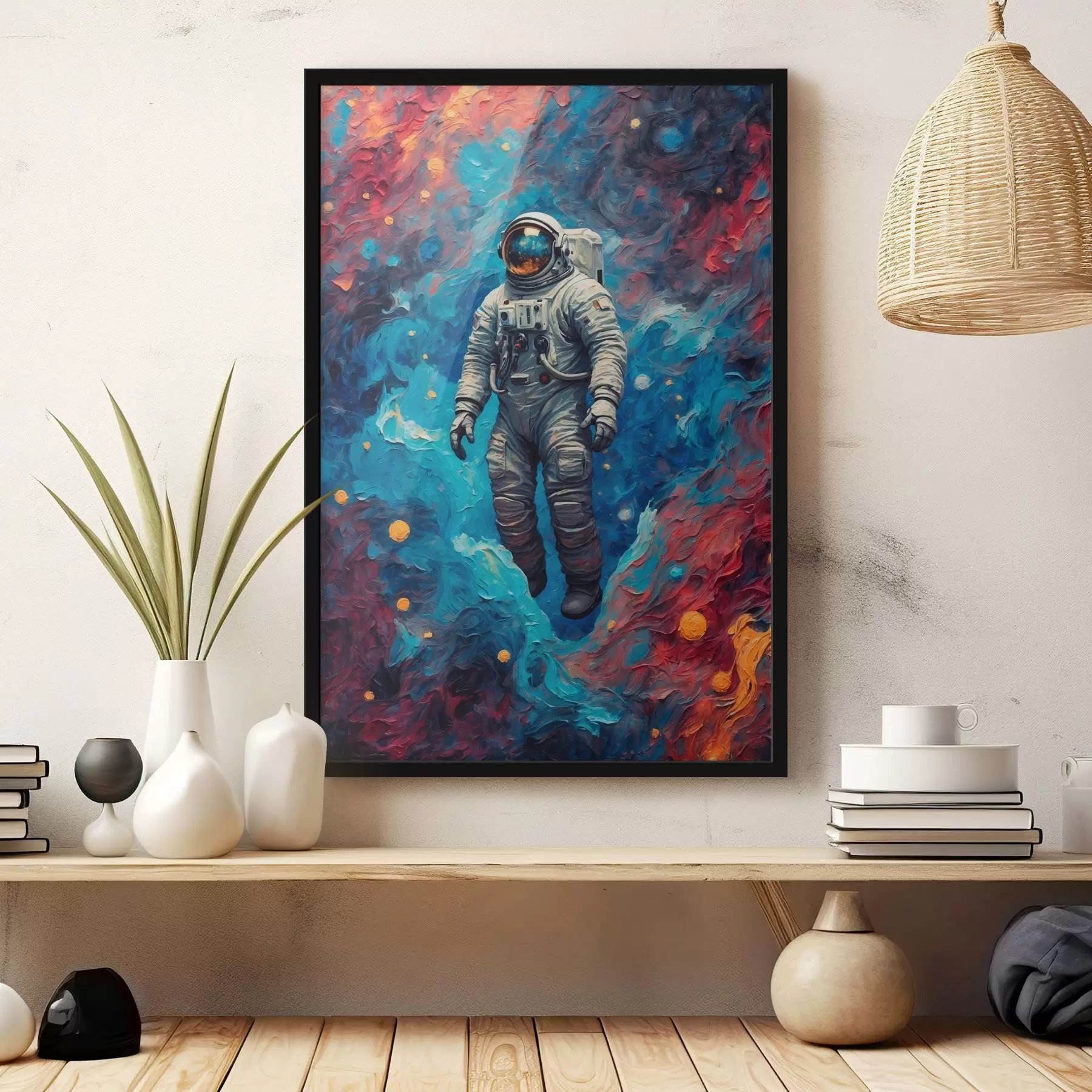 murales de pared Astronauta sobre fondo espacial abstracto al óleo f42265