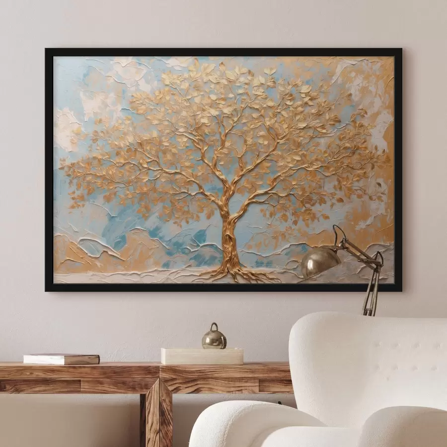 murales de pared Árbol amarillo sobre fondo blanco y azul f42266