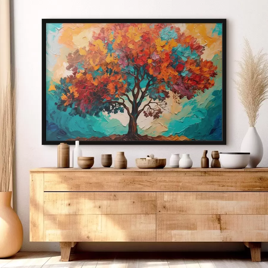 murales de pared Árbol sobre fondo azul anaranjado al óleo f42267