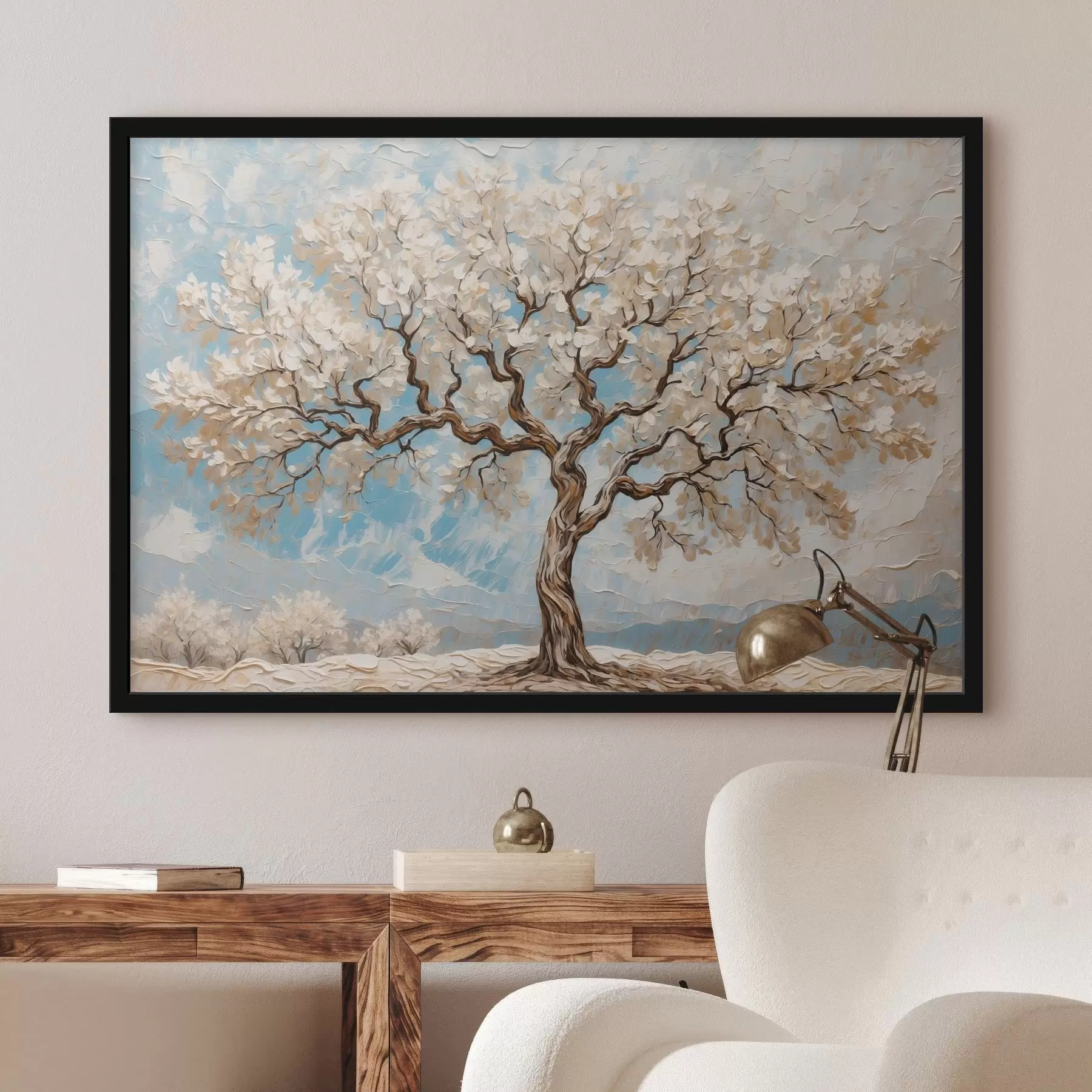 murales de pared Árbol blanco sobre fondo blanco y azul f42275