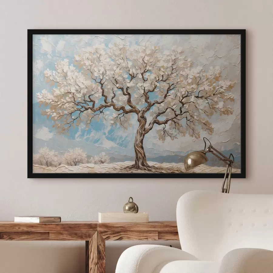 murales de pared Árbol blanco sobre fondo blanco y azul f42275