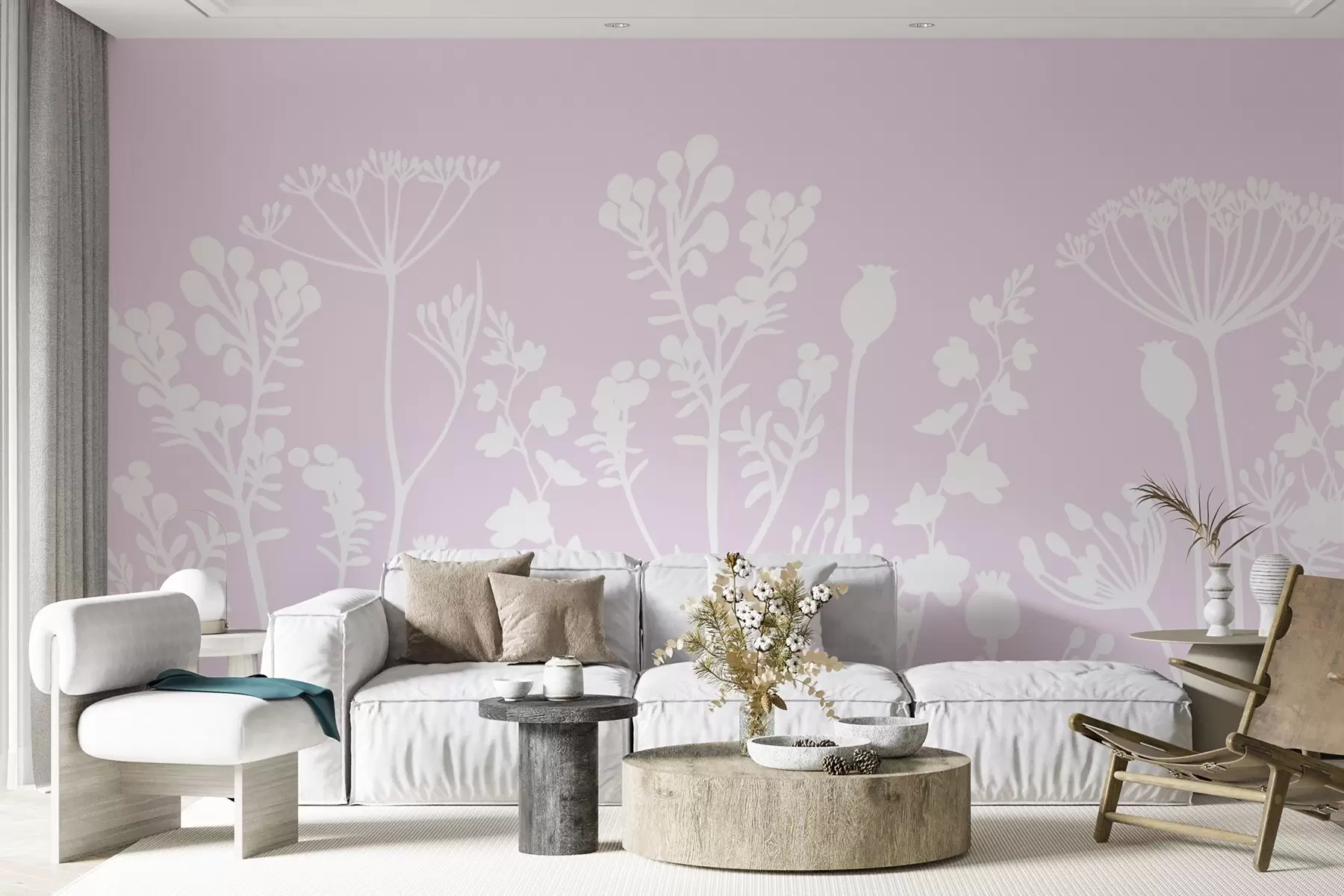 murales de pared siluetas blancas de flores sobre fondo rosa w02809