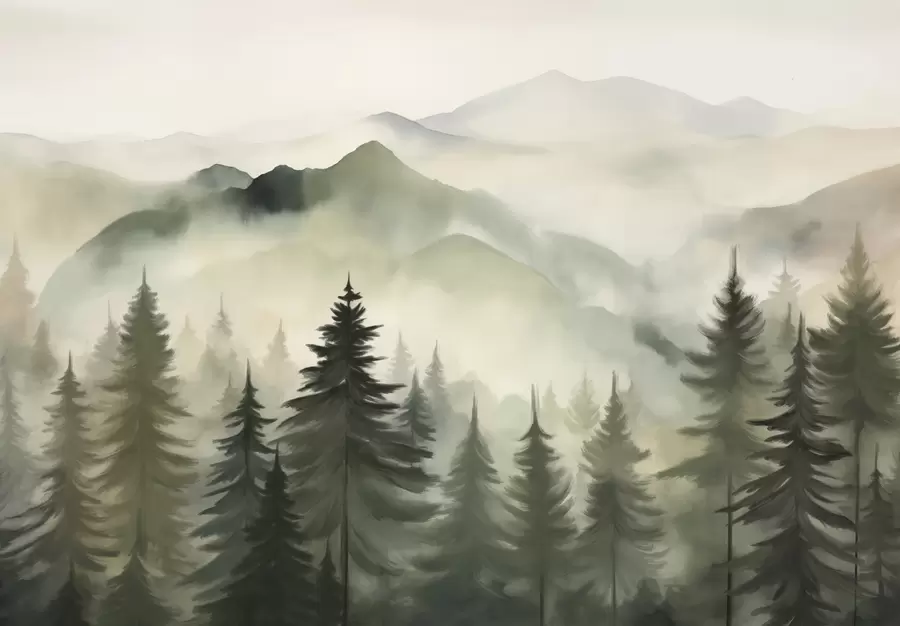 murales de pared Paisaje de montaña con un bosque de pinos y montañas en capas durante el amanecer con niebla ligera acuarela imitación arte  w08639