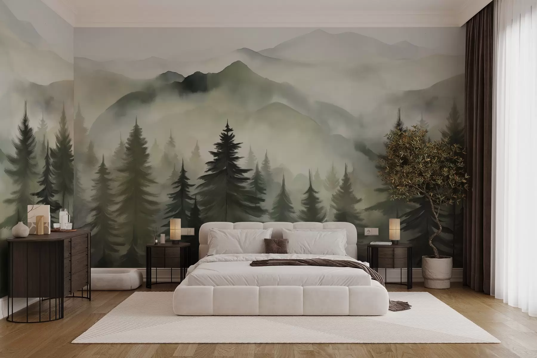 murales de pared Paisaje de montaña con un bosque de pinos y montañas en capas durante el amanecer con niebla ligera acuarela imitación arte  w08639