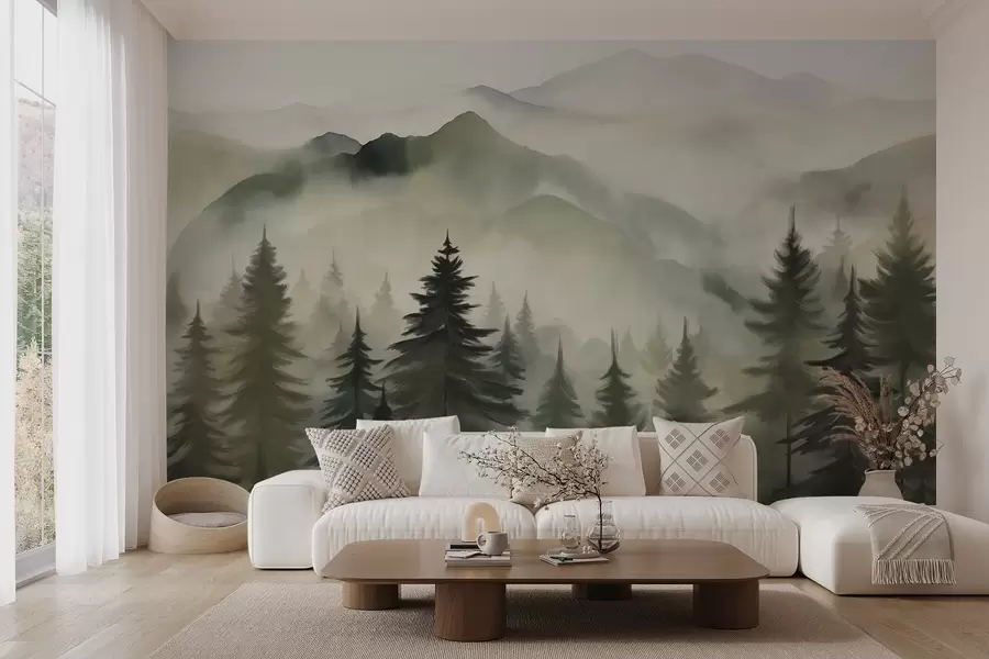 murales de pared Paisaje de montaña con un bosque de pinos y montañas en capas durante el amanecer con niebla ligera acuarela imitación arte  w08639