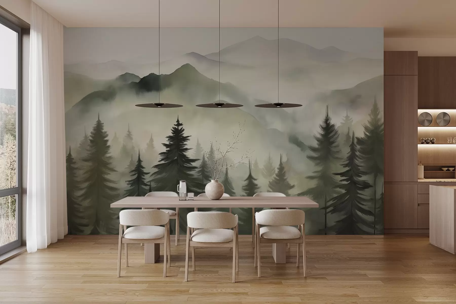 murales de pared Paisaje de montaña con un bosque de pinos y montañas en capas durante el amanecer con niebla ligera acuarela imitación arte  w08639