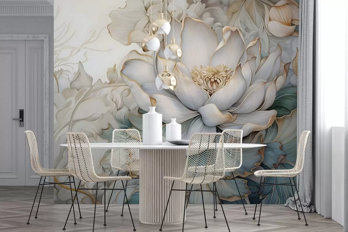 murales de pared Una gran y delicada flor de lirio blanco y follaje con suaves pétalos decorativos en capas sobre un fondo abstracto de textura azulada w08640