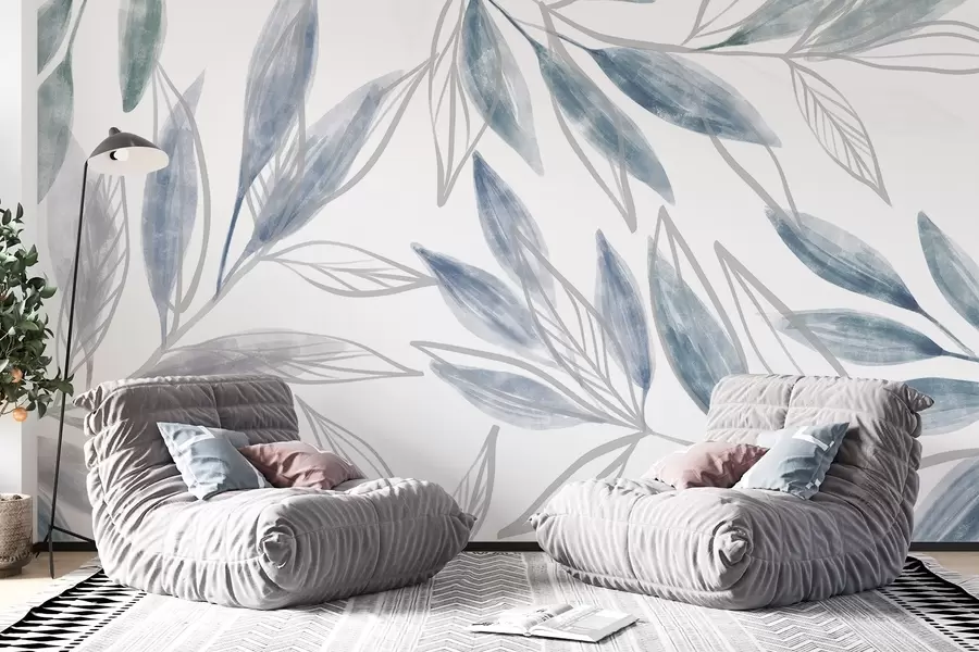murales de pared Delicadas hojas en tonos pastel, azules y grises, que crean una composición botánica serena y minimalista w08642v1
