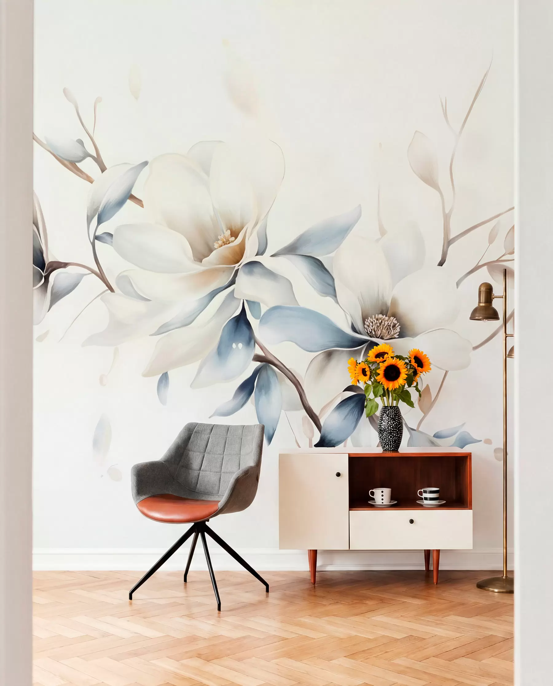 murales de pared Magnolia en azul y crema w08644