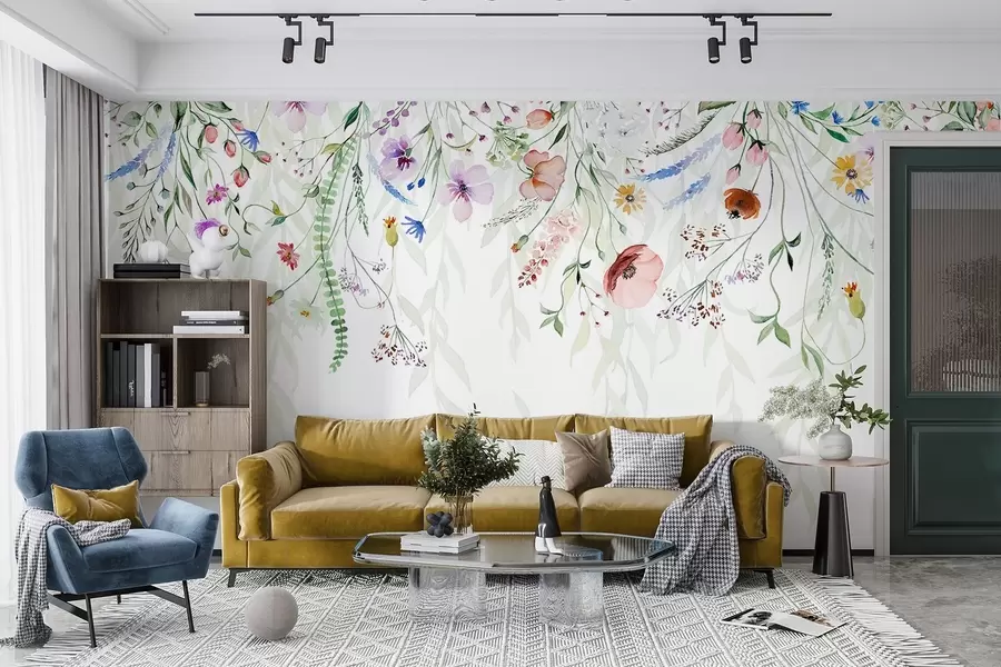 murales de pared Un colorido estampado floral en cascada con varias flores, hojas y plantas en estilo acuarela   w08646