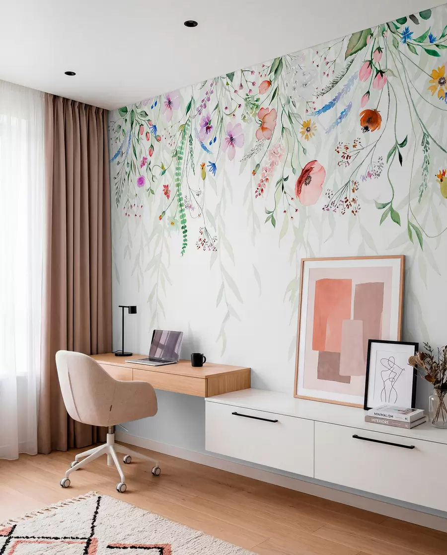 murales de pared Un colorido estampado floral en cascada con varias flores, hojas y plantas en estilo acuarela   w08646