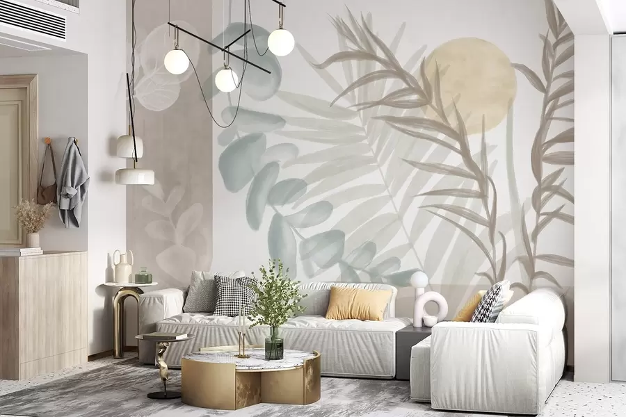 murales de pared Un estampado abstracto minimalista con hojas estilizadas y eucaliptos con formas orgánicas suaves y beige en colores pastel apagados w08648