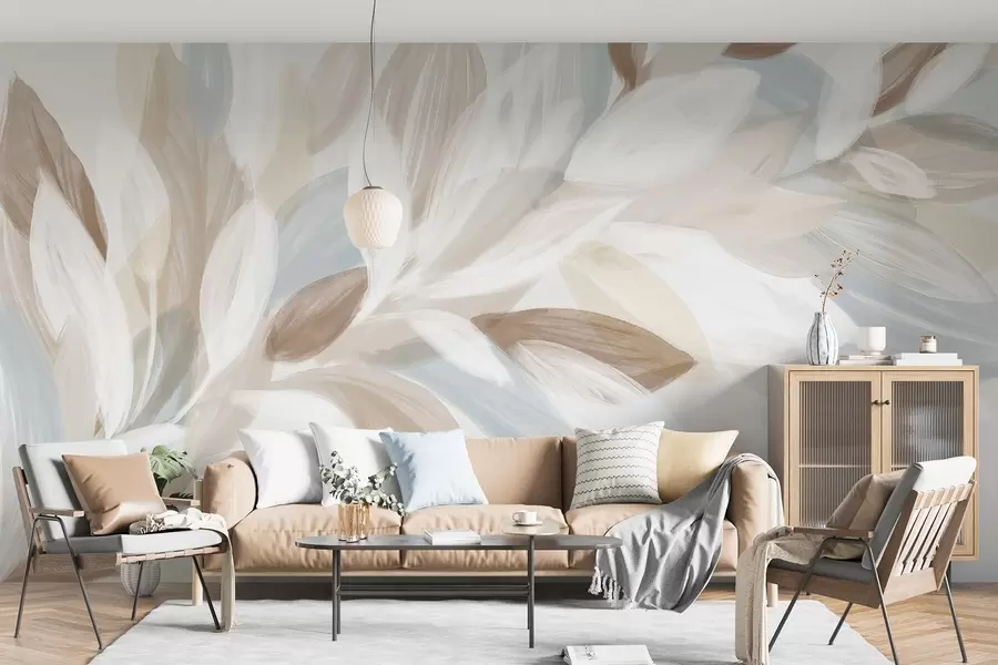 murales de pared Suaves hojas de colores pastel en tonos blanco, beige y azul claro, que crean una composición delicada y etérea w08649