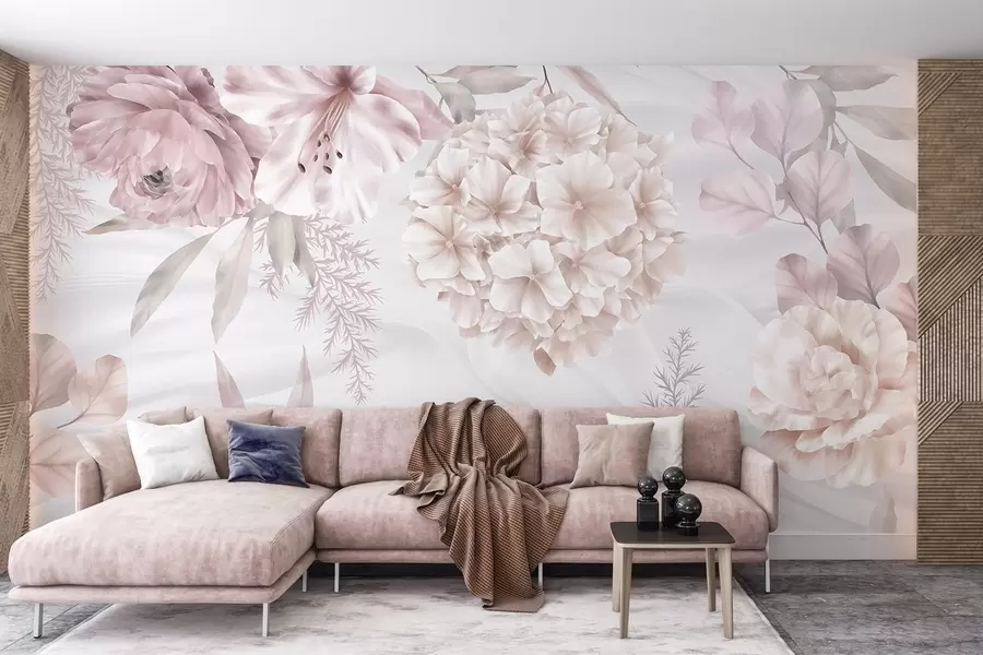 murales de pared Un estampado floral suave y abstracto con grandes flores rosas y blancas, delicadas hojas y una paleta de colores pastel apagados w08651