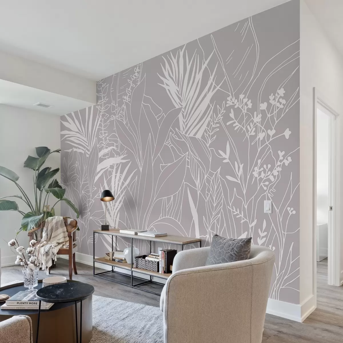 murales de pared Line Art botánico sobre fondo neutro w02775