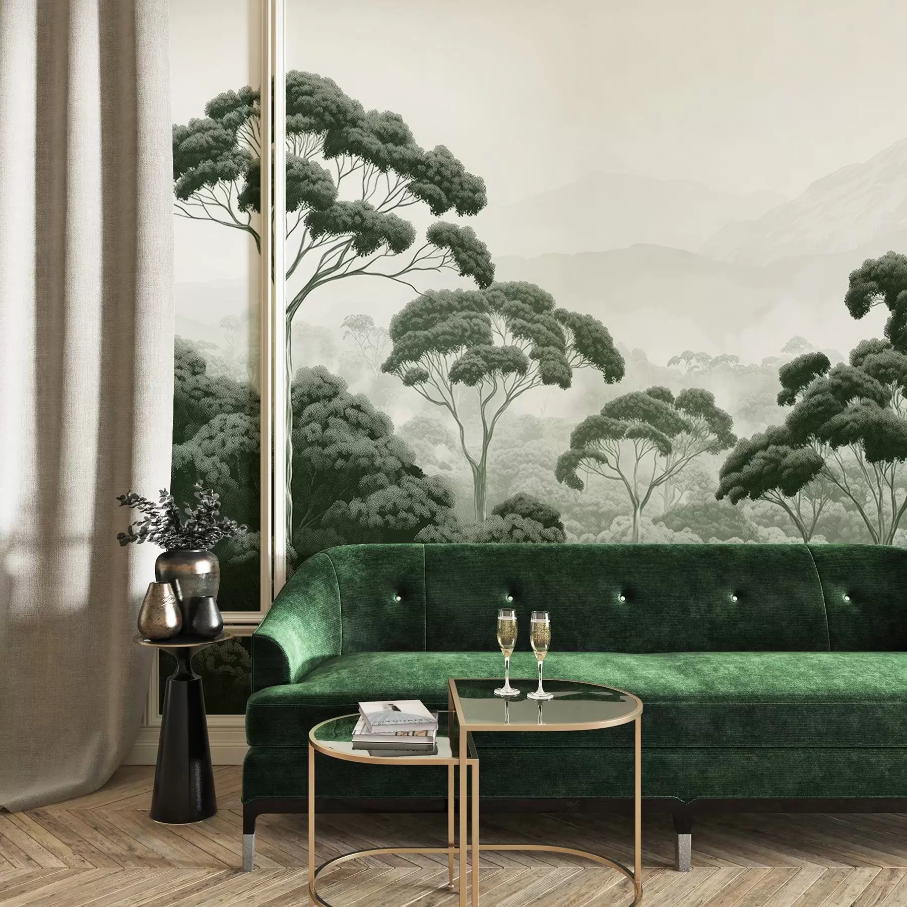 murales de pared Selva, montañas, tropical, naturaleza, grandes árboles, colores verde oscuro w02739v1