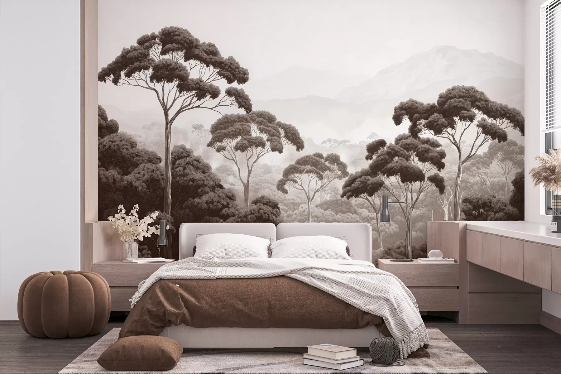 murales de pared Selva, montañas, tropical, naturaleza, árboles grandes, colores marrones w02739v2