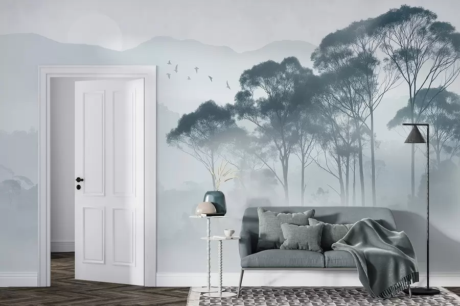 murales de pared Árboles en la niebla, paisajes de naturaleza, pájaros, sol, colores azules w02740v1