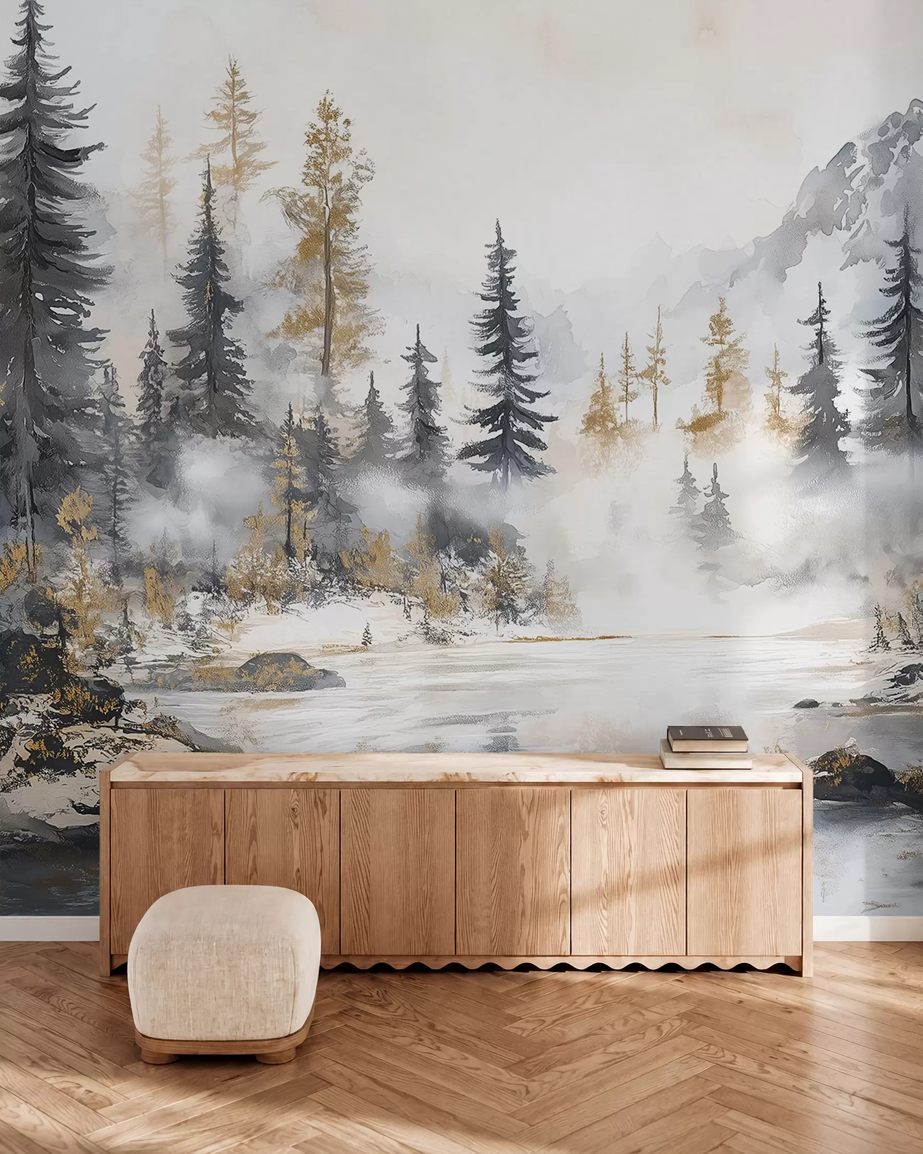 murales de pared Paisaje de invierno con lago y bosque, montañas, darwing estilo pastel w02741