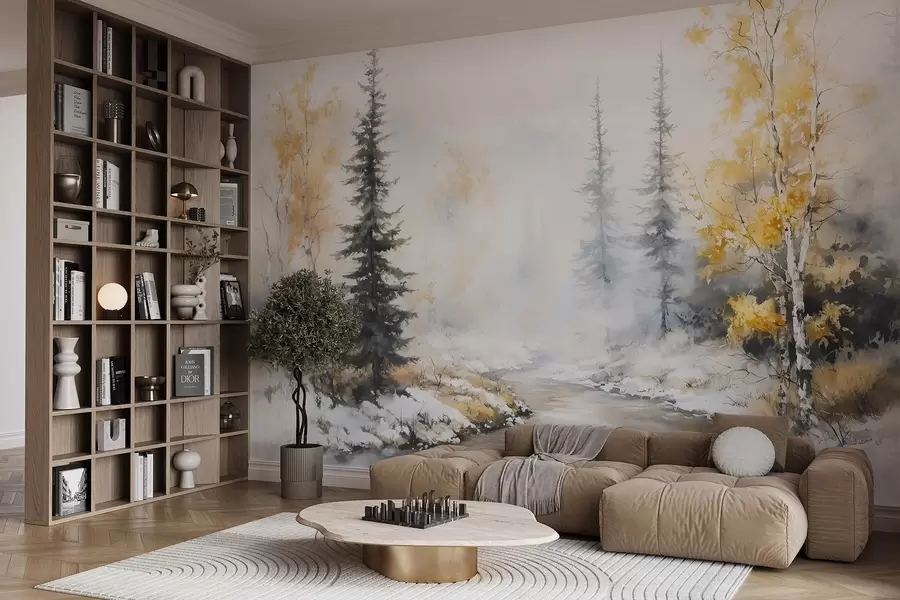 murales de pared Bosque invernal, abedules, pinos, río, niebla, colores pastel w02742