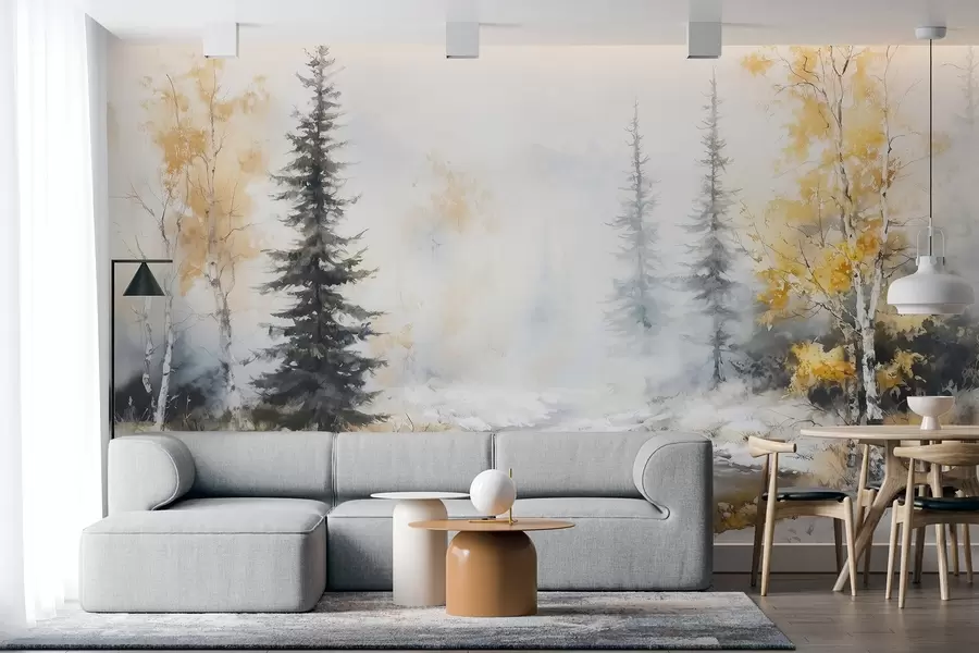 murales de pared Bosque invernal, abedules, pinos, río, niebla, colores pastel w02742
