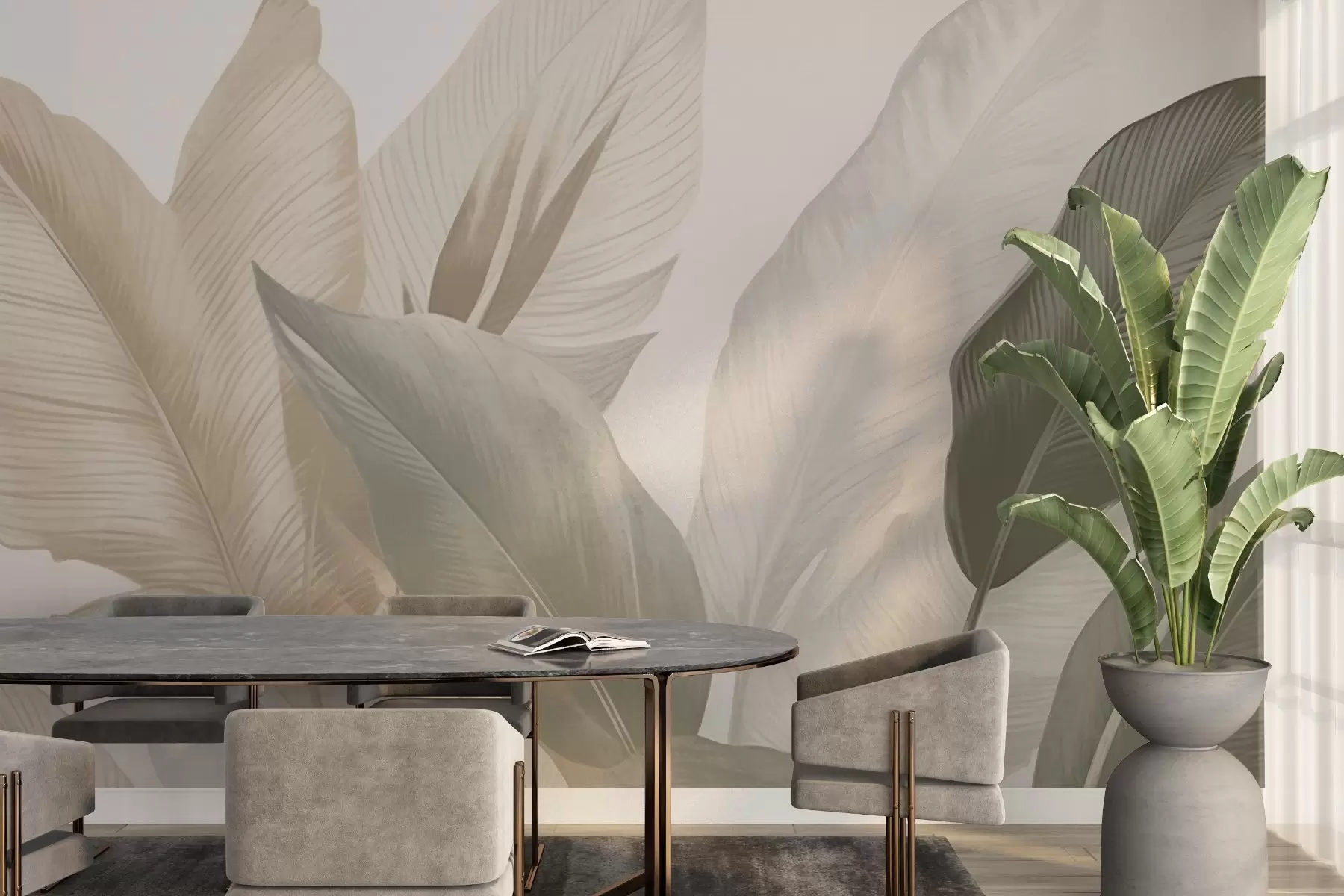 murales de pared Hojas tropicales en suaves tonos beige y verde, con efecto acuarela y suaves transiciones de color. w02854