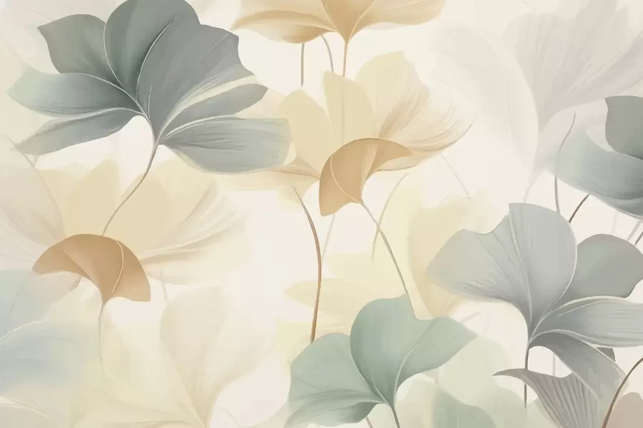 murales de pared Patrón de hojas de ginkgo en suaves tonos pastel, que combinan matices verdes, amarillos y crema para crear una sensación de ligereza y ligereza w02855