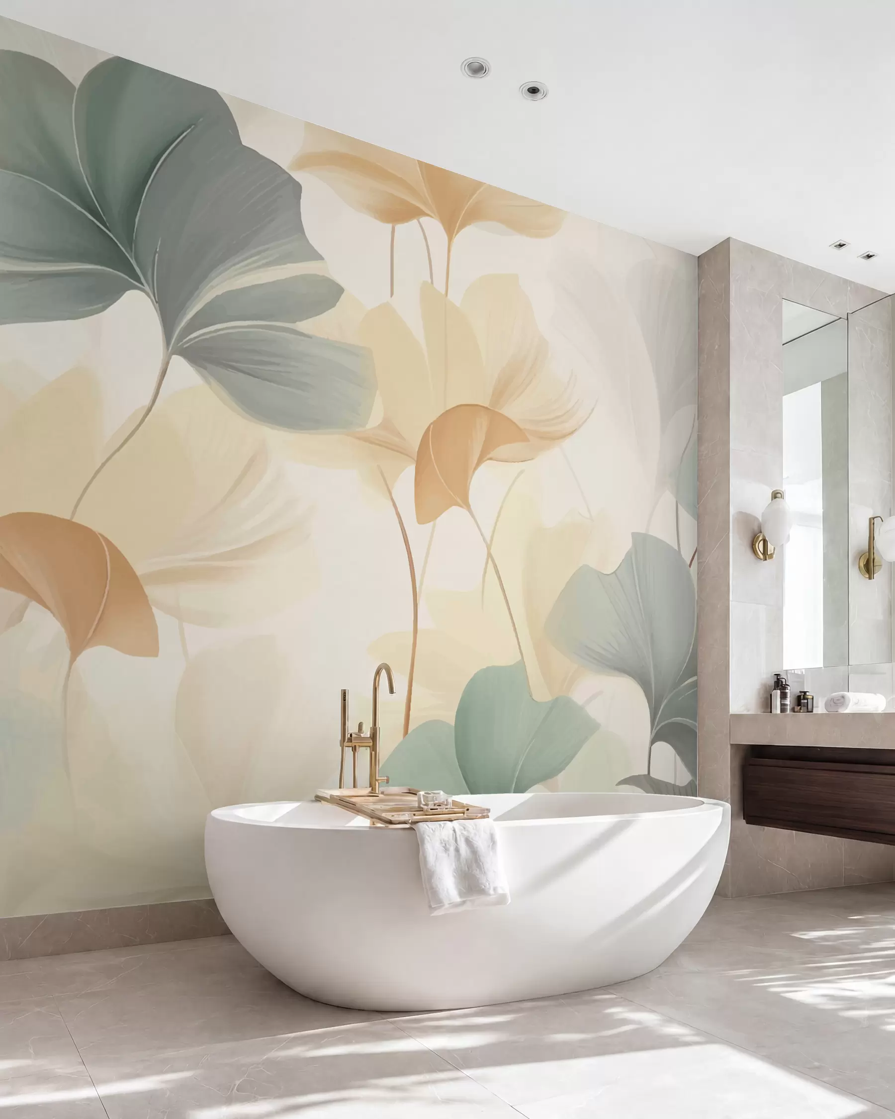 murales de pared Patrón de hojas de ginkgo en suaves tonos pastel, que combinan matices verdes, amarillos y crema para crear una sensación de ligereza y ligereza w02855