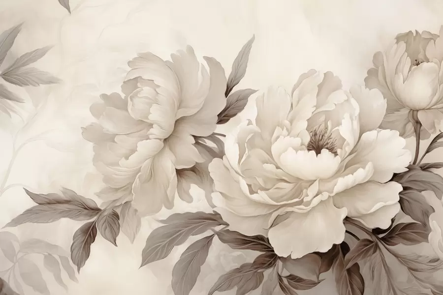 murales de pared Delicadas peonías en tonos beige crema, con refinados detalles de pétalos y hojas, que crean un ambiente cálido y sofisticado w02856v1