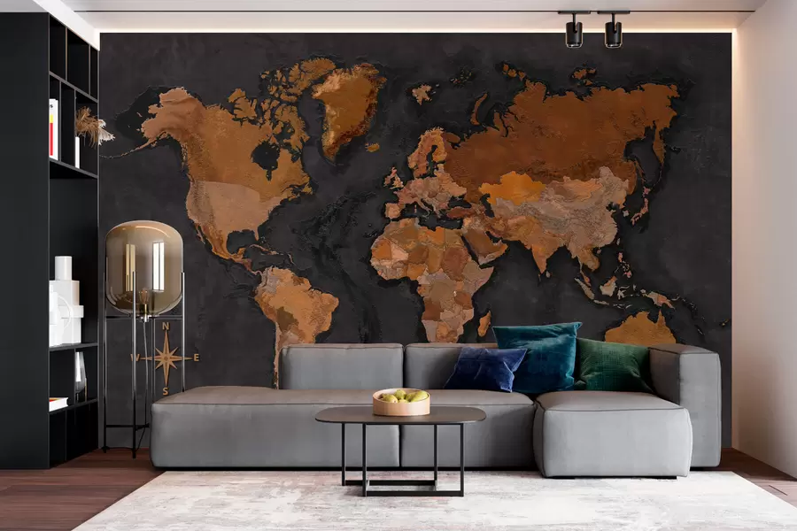 murales de pared Mapa del mundo en la pared grunge con efecto hormigón w02552