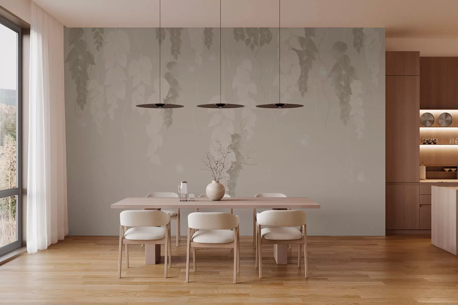 murales de pared Hojas colgantes y mariposas en beige w02655v2