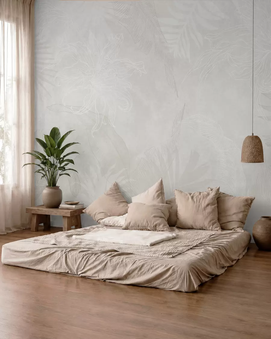 murales de pared Hojas tropicales con efecto grunge en color claro w02737
