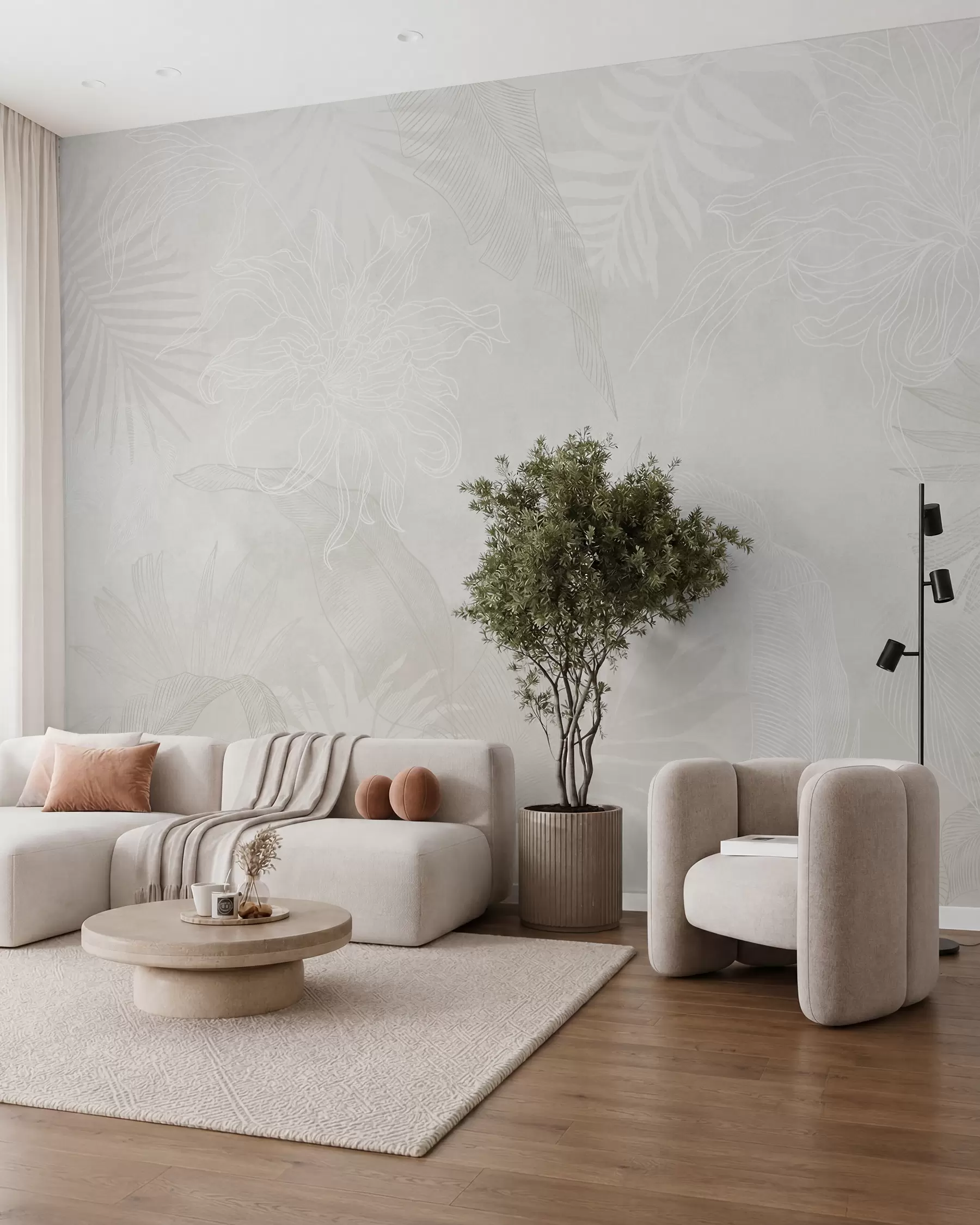 murales de pared Hojas tropicales con efecto grunge en color claro w02737