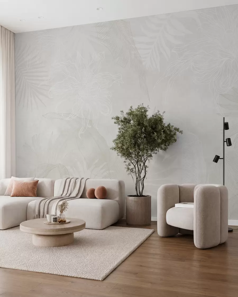 murales de pared Hojas tropicales con efecto grunge en color claro w02737