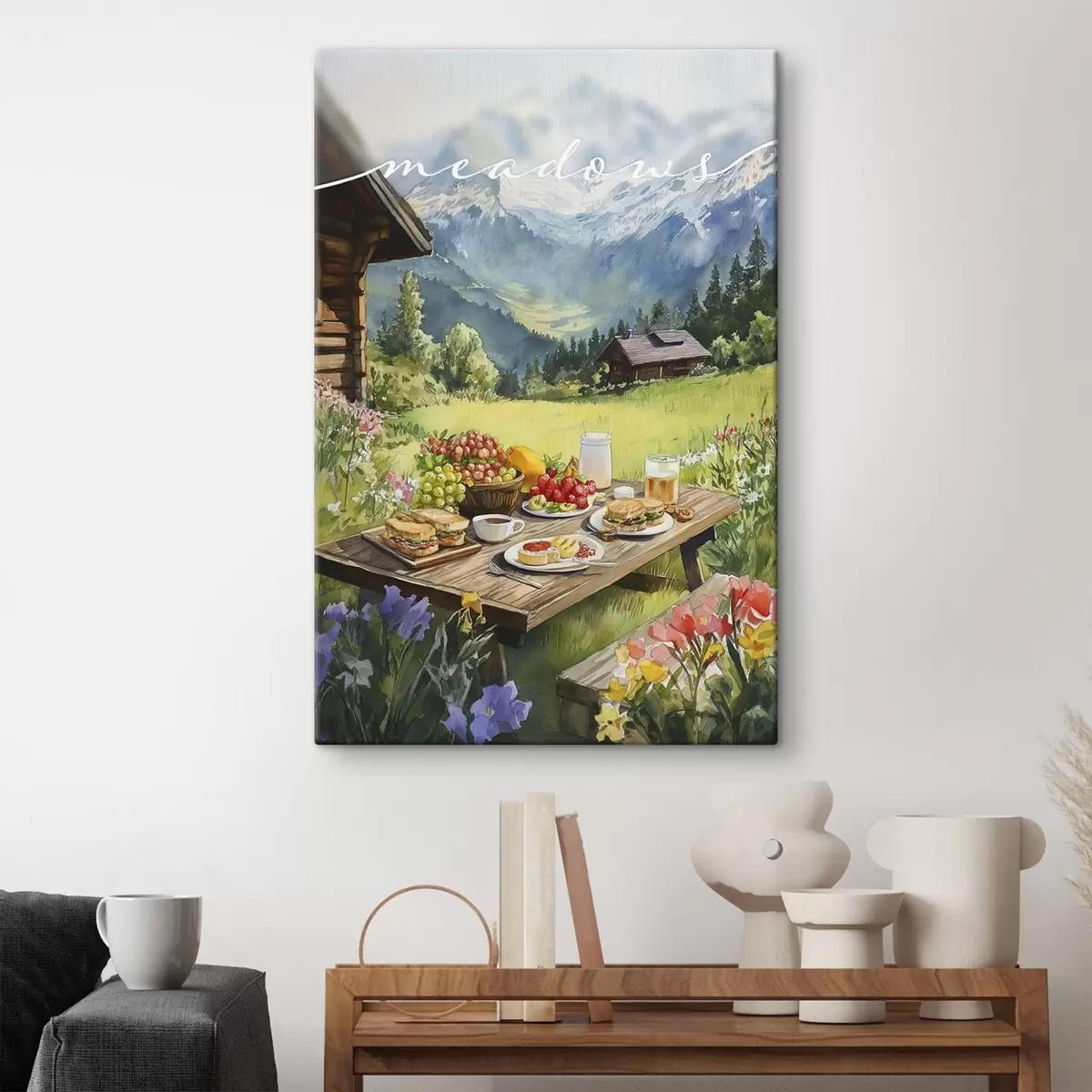 murales de pared Paisajes de montaña, pradera de verano, casas de madera, desayuno s42425