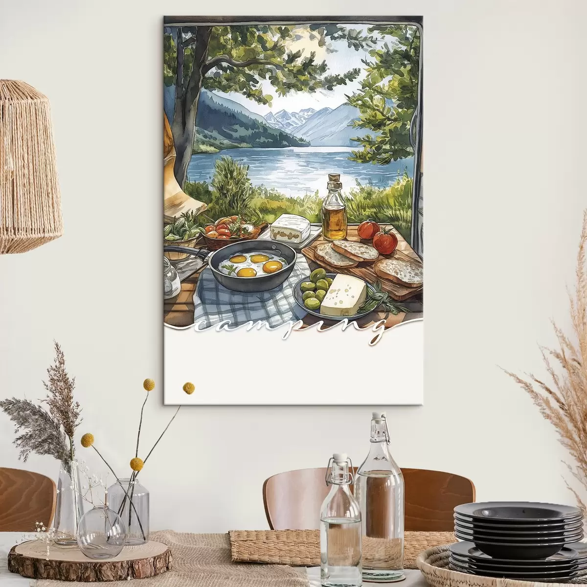 murales de pared Estética de camping, estilo acuarela, lago de verano, naturaleza, comida s42428