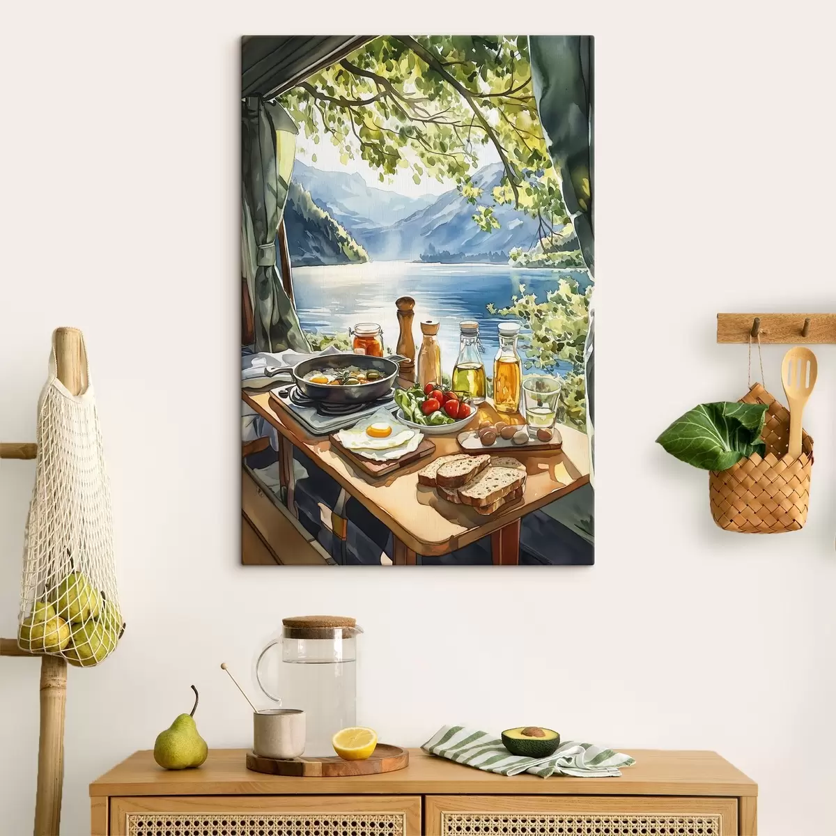 murales de pared Hermosa mañana de verano, lago, estilo acuarela, desayuno, viajar s42433