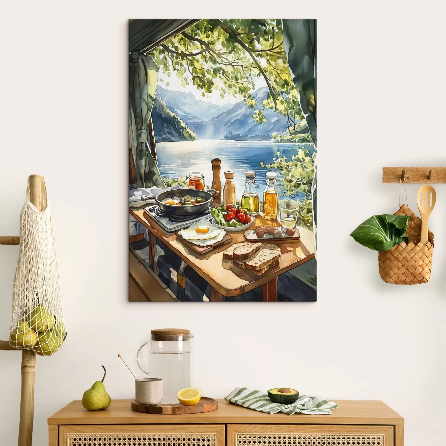murales de pared Hermosa mañana de verano, lago, estilo acuarela, desayuno, viajar s42433