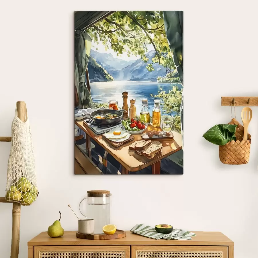 murales de pared Hermosa mañana de verano, lago, estilo acuarela, desayuno, viajar s42433