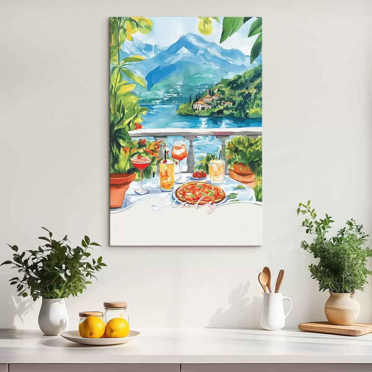 murales de pared Estética italiana, estilo acuarela, pizza y cócteles, montañas s42434