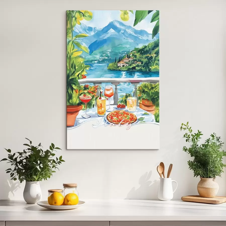 murales de pared Estética italiana, estilo acuarela, pizza y cócteles, montañas s42434