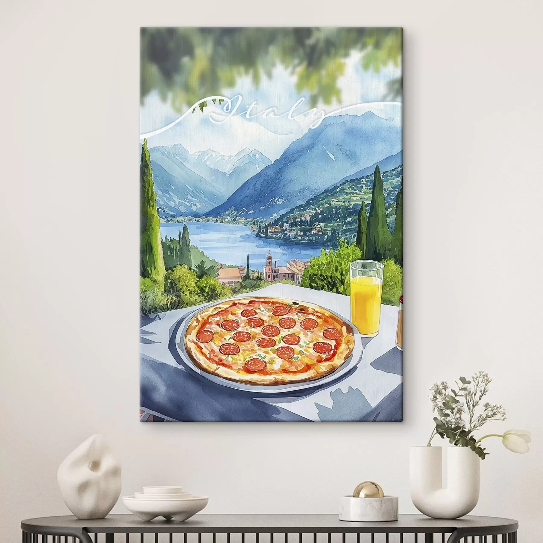 murales de pared Estilo acuarela, Italia, pizza, ciudad antigua, paisaje montañoso s42435