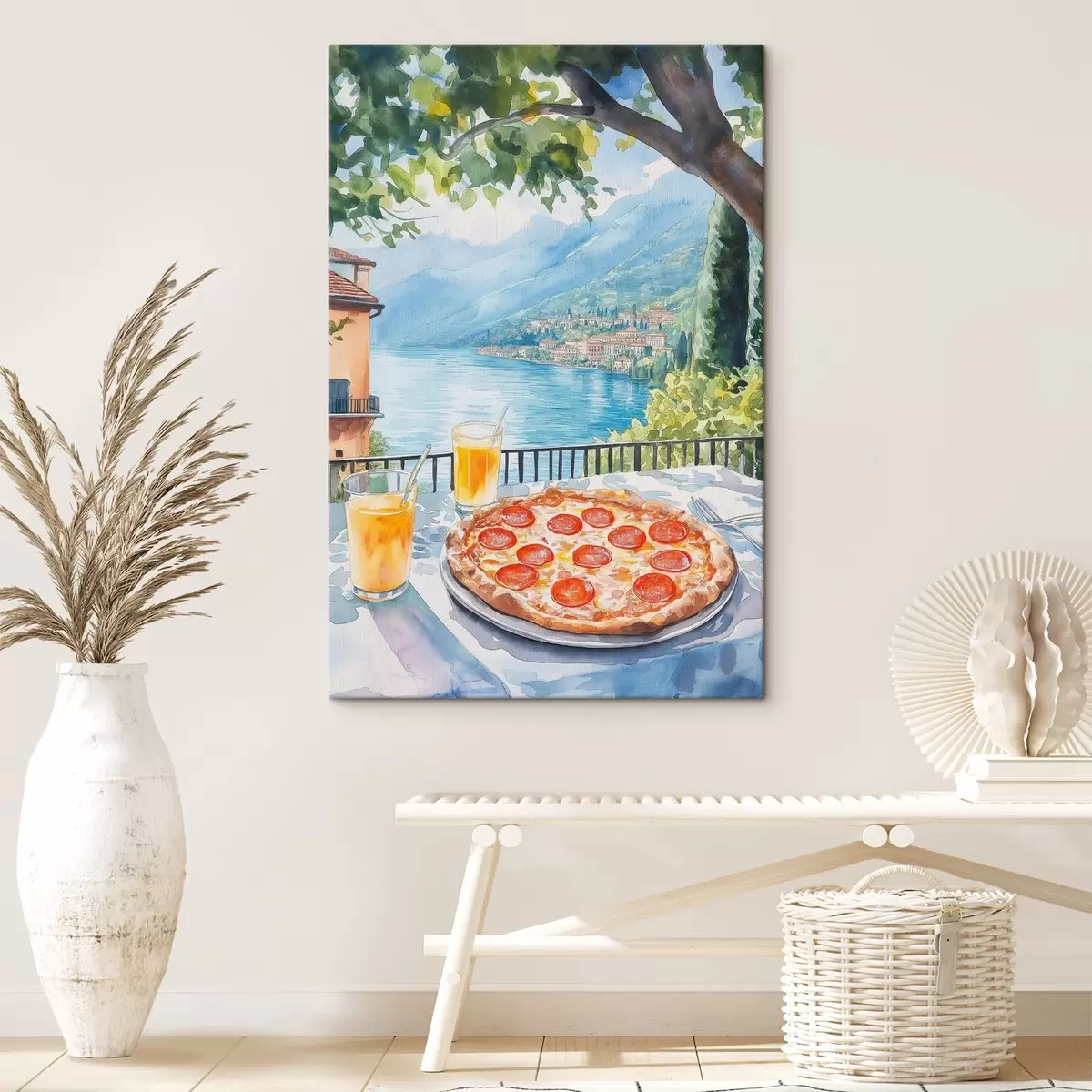 murales de pared Brunch en Italia, estilo acuarela, pizza margarita, lago, naturaleza de verano s42436