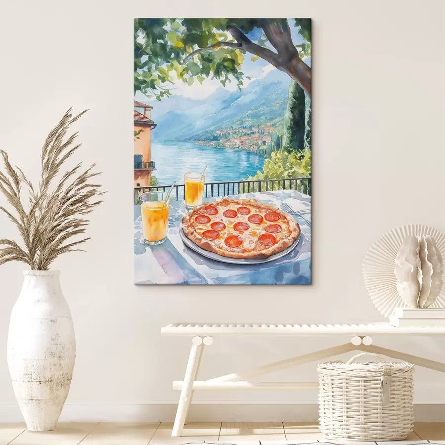 murales de pared Brunch en Italia, estilo acuarela, pizza margarita, lago, naturaleza de verano s42436