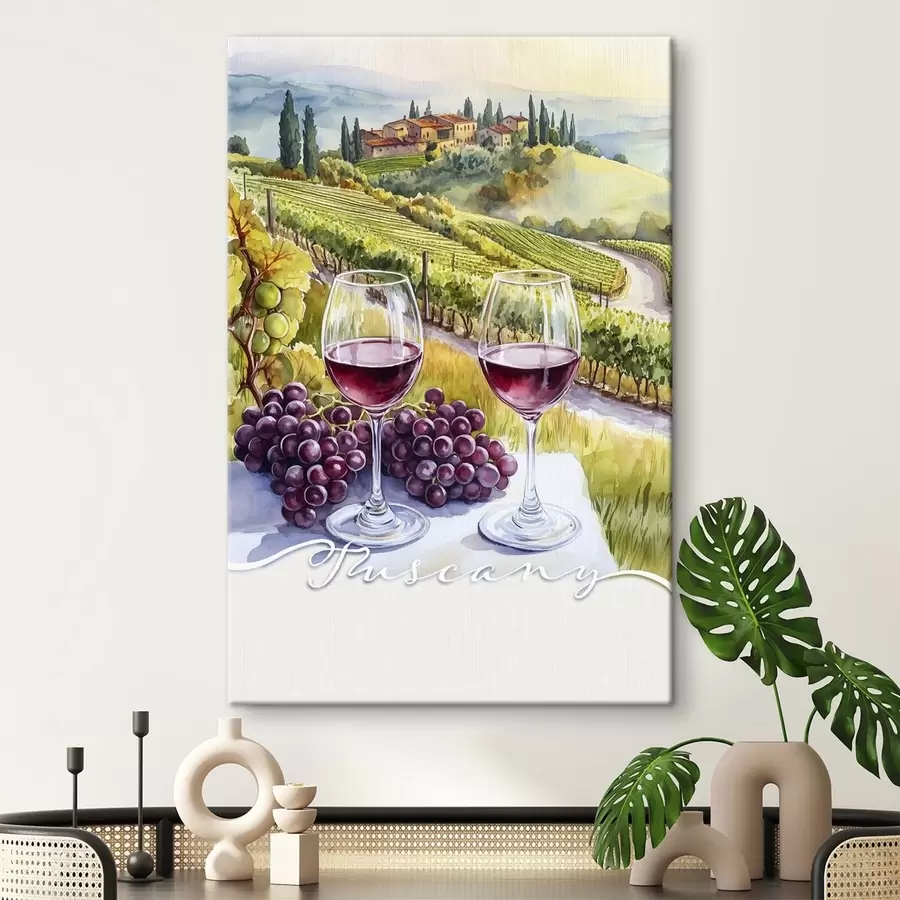 murales de pared Paisajes de la Toscana, estilo acuarela, copas de vino, uvas, puesta de sol s42439